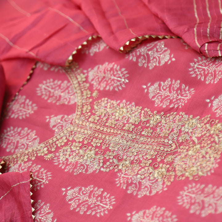 Salaami Blush Pink Printed Embellish Zari Neck Work Modal Suit Set