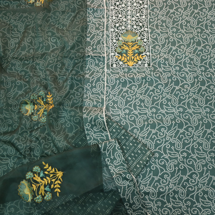Raazi Sacramento Green Organza Patch Work Printed Cotton Suit Set