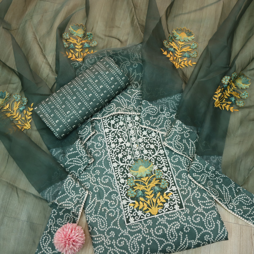 Raazi Sacramento Green Organza Patch Work Printed Cotton Suit Set