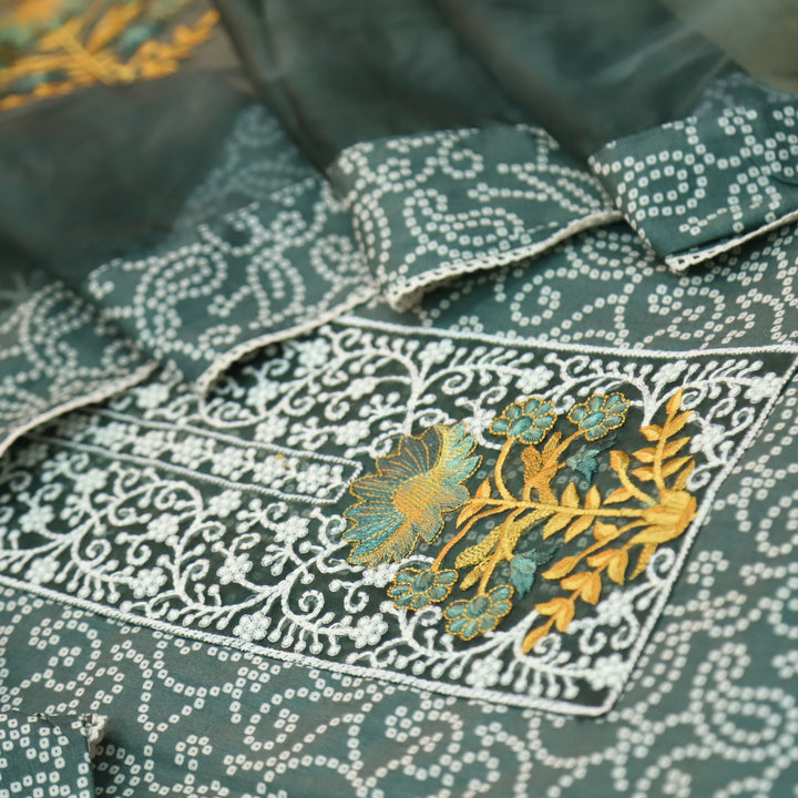 Raazi Sacramento Green Organza Patch Work Printed Cotton Suit Set