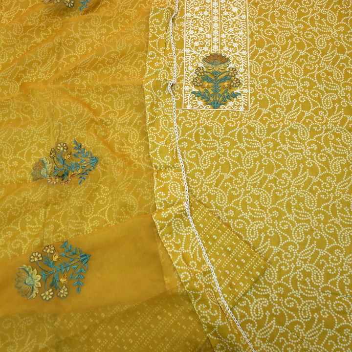 Raazi Dandelion Yellow Organza Patch Work Printed Cotton Suit Set