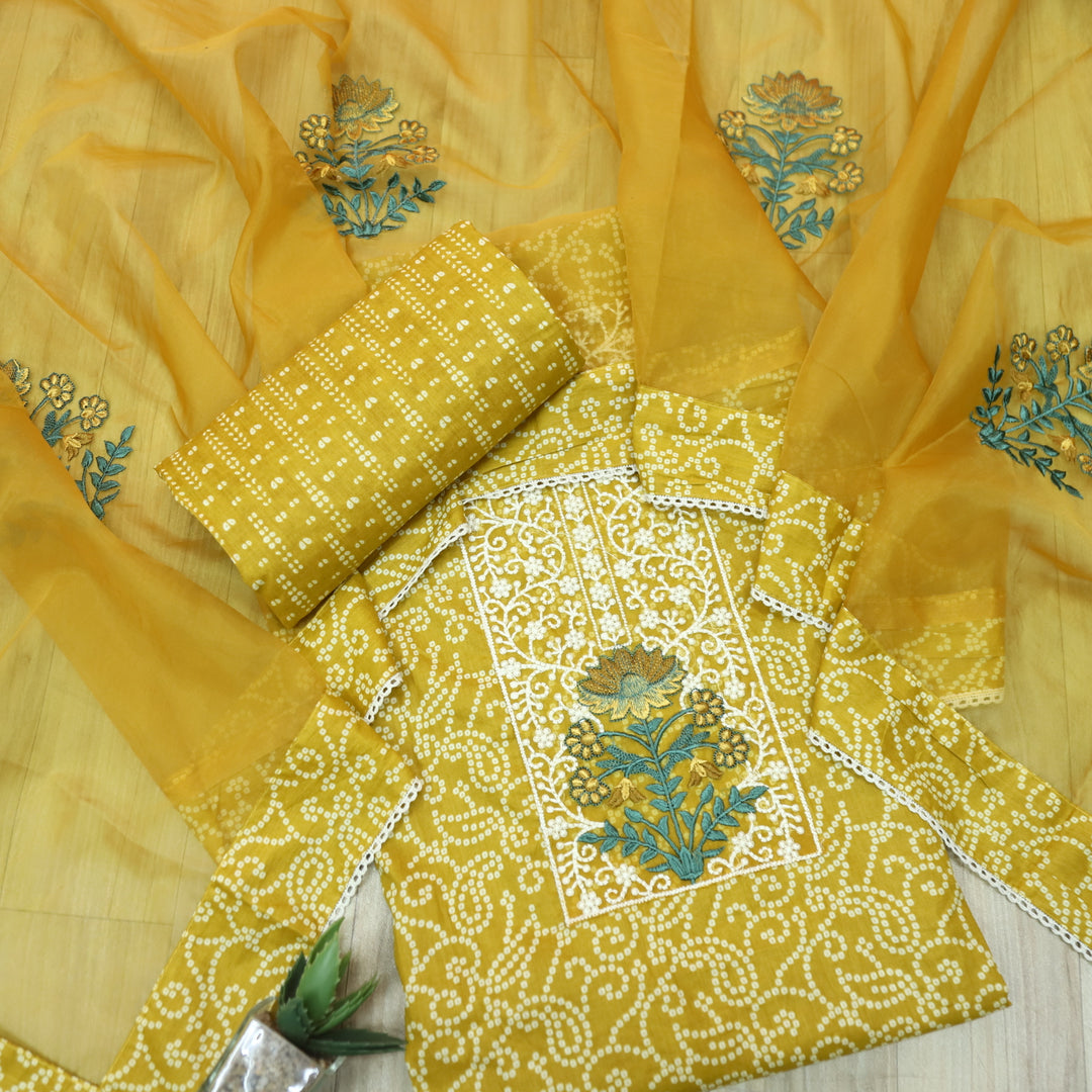 Raazi Dandelion Yellow Organza Patch Work Printed Cotton Suit Set