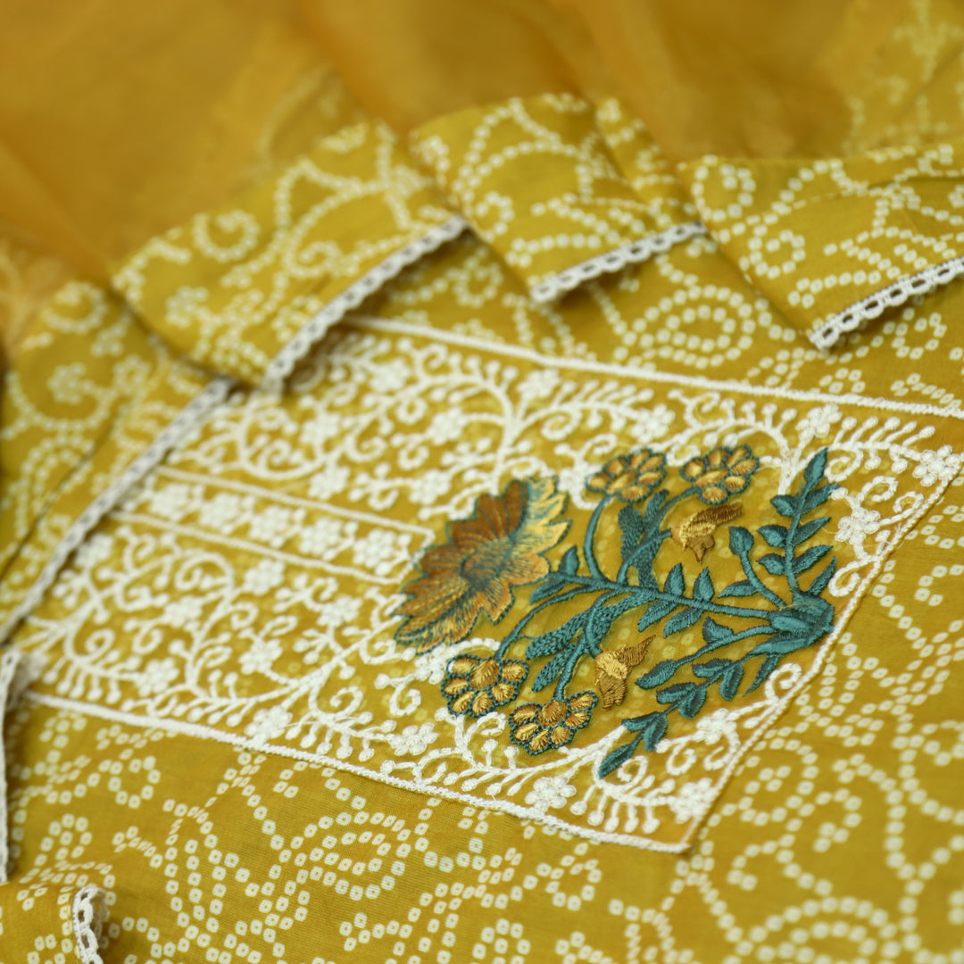 Raazi Dandelion Yellow Organza Patch Work Printed Cotton Suit Set