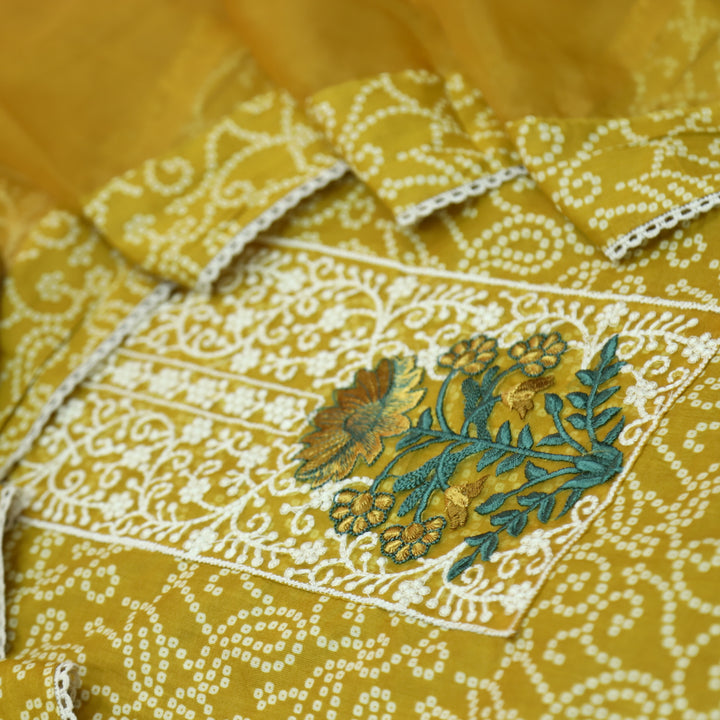 Raazi Dandelion Yellow Organza Patch Work Printed Cotton Suit Set