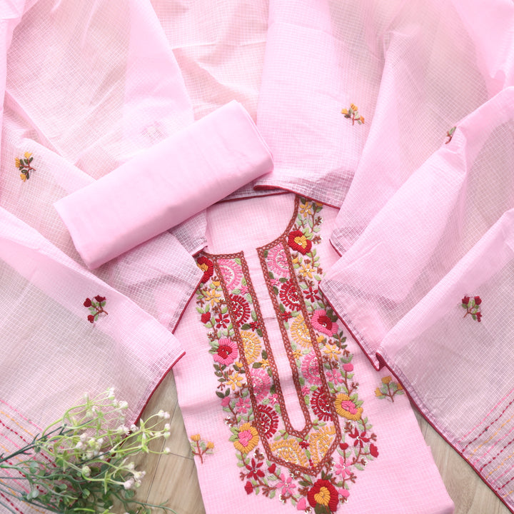 Rasiya Baby Pink Thread Embriodered Neck Work Kota Doriya Suit Set