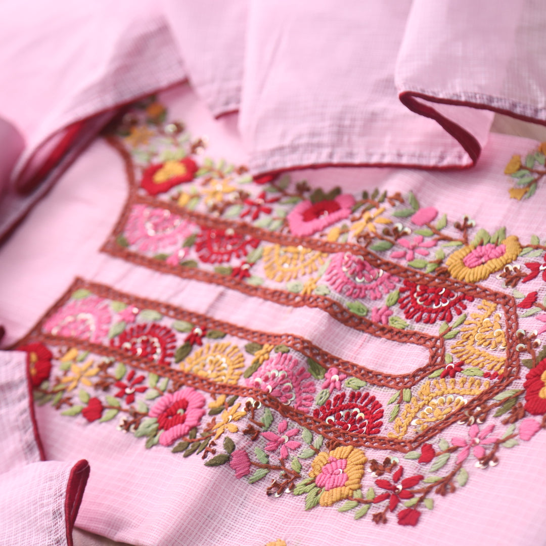 Rasiya Baby Pink Thread Embriodered Neck Work Kota Doriya Suit Set