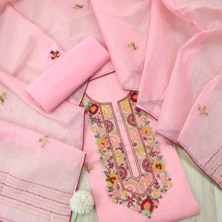 Rasiya Peach Thread Embriodered Neck Work Kota Doriya Suit Set