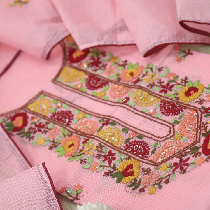 Rasiya Peach Thread Embriodered Neck Work Kota Doriya Suit Set