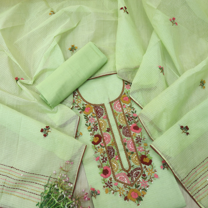Rasiya Parrot Green Thread Embriodered Neck Work Kota Doriya Suit Set