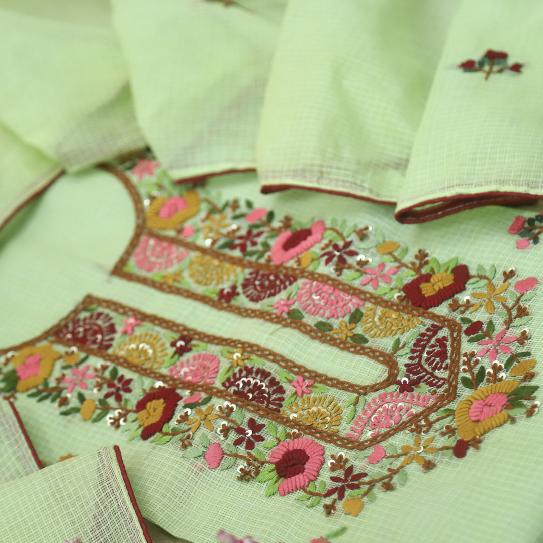 Rasiya Parrot Green Thread Embriodered Neck Work Kota Doriya Suit Set