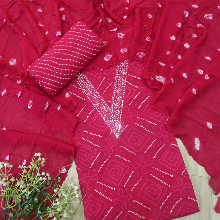 Leher Hot Pink Embellish V Neck Bandhej Printed Cotton Suit Set