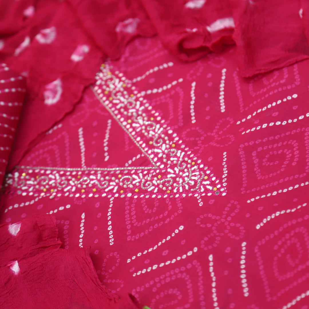 Leher Hot Pink Embellish V Neck Bandhej Printed Cotton Suit Set