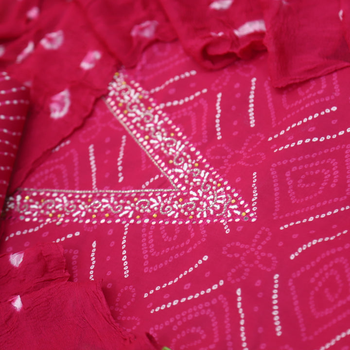 Leher Hot Pink Embellish V Neck Bandhej Printed Cotton Suit Set