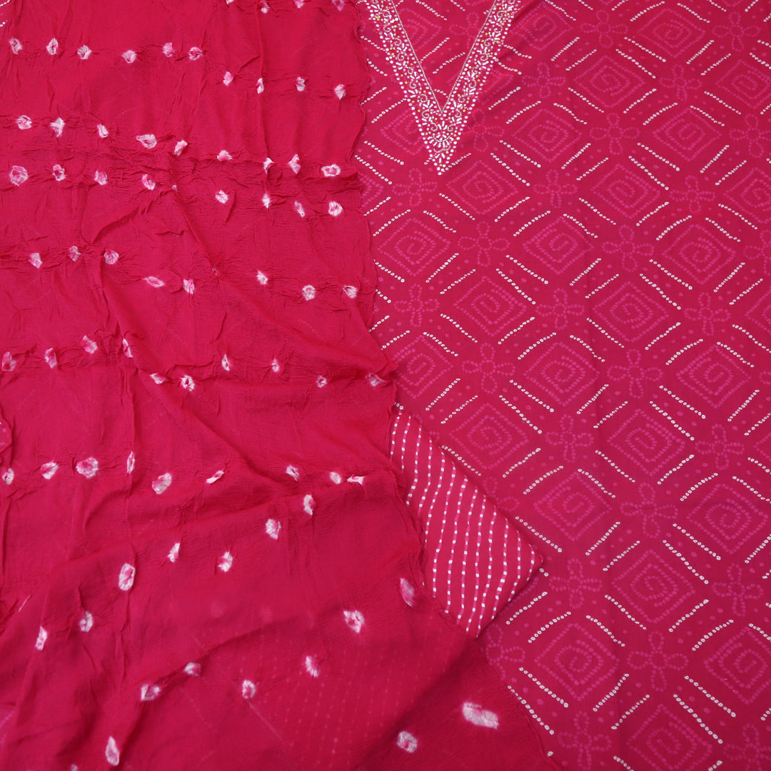 Leher Hot Pink Embellish V Neck Bandhej Printed Cotton Suit Set