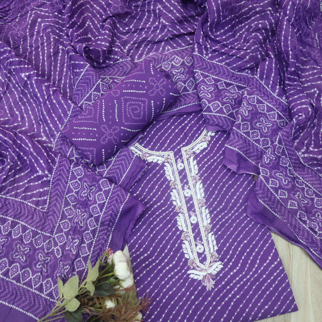 Leher Orchid Purple Moti Neck work Leheriya Printed Cotton Suit Set