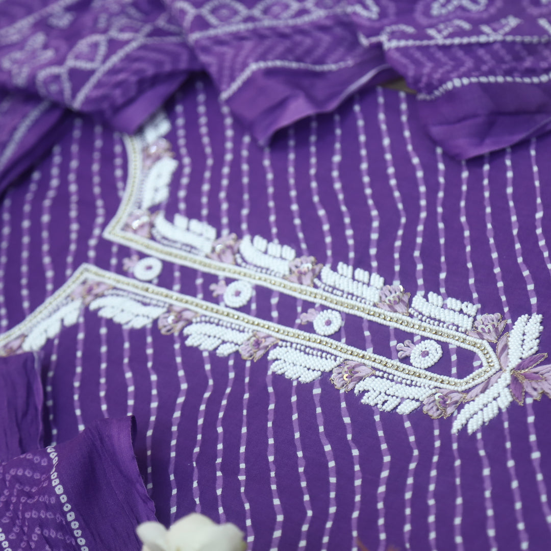 Leher Orchid Purple Moti Neck work Leheriya Printed Cotton Suit Set