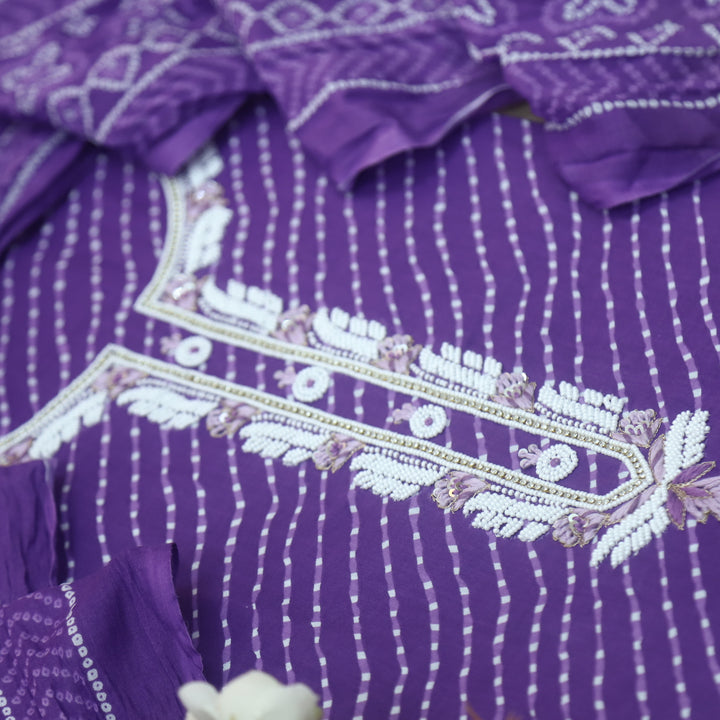 Leher Orchid Purple Moti Neck work Leheriya Printed Cotton Suit Set