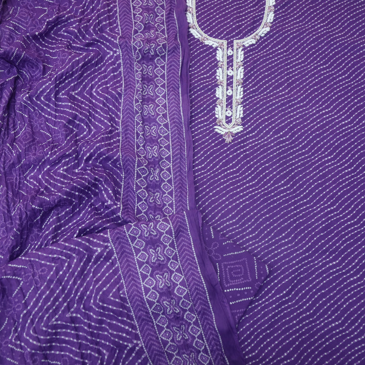 Leher Orchid Purple Moti Neck work Leheriya Printed Cotton Suit Set