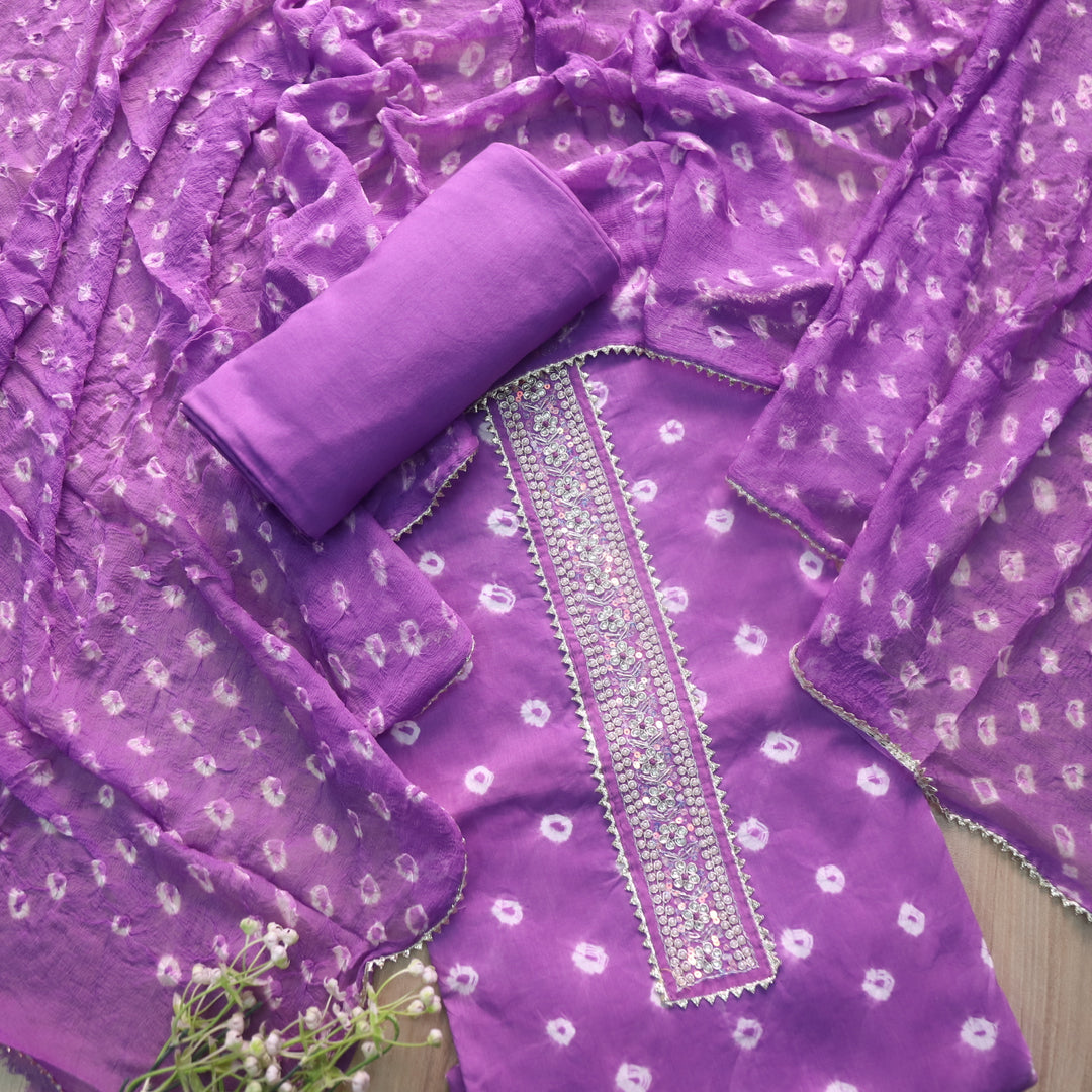 Leher Orchid Purple Embellished Neck in Bandhej Work Cotton Suit Set