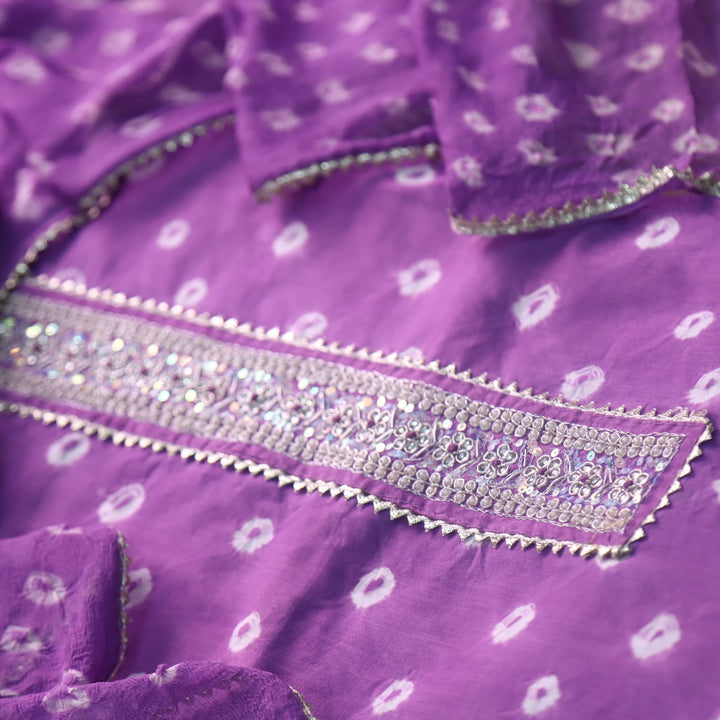 Leher Orchid Purple Embellished Neck in Bandhej Work Cotton Suit Set