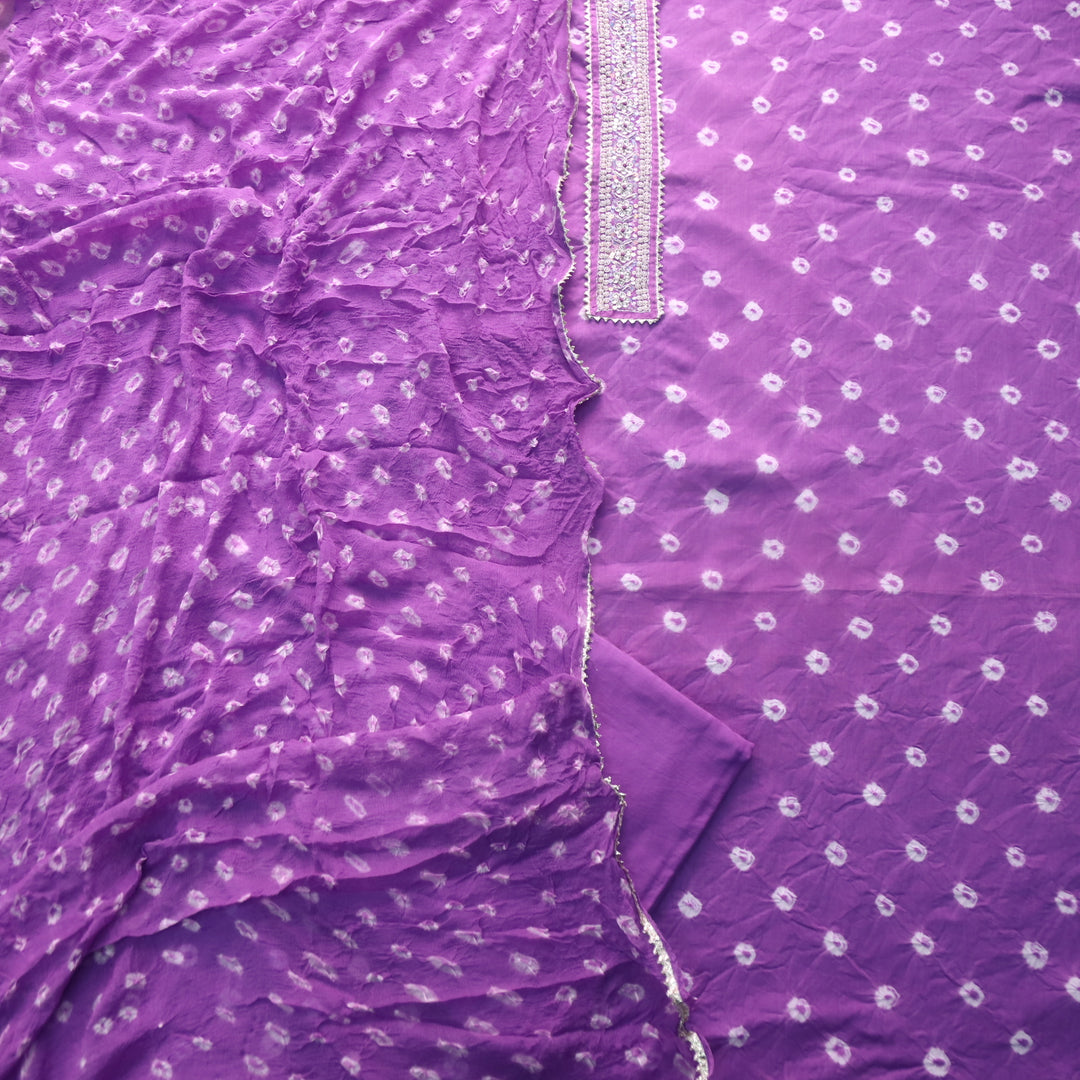 Leher Orchid Purple Embellished Neck in Bandhej Work Cotton Suit Set