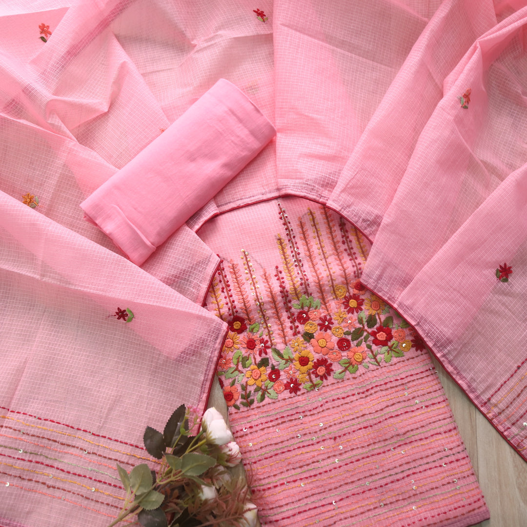 Rasiya Pastel Peach Thread Embriodered Hem Work Kota Doriya Suit Set