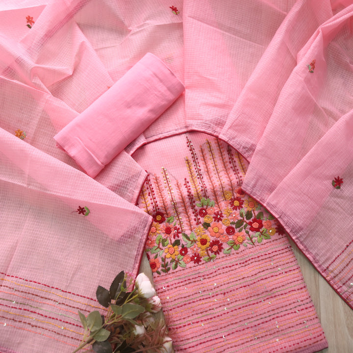 Rasiya Pastel Peach Thread Embriodered Hem Work Kota Doriya Suit Set