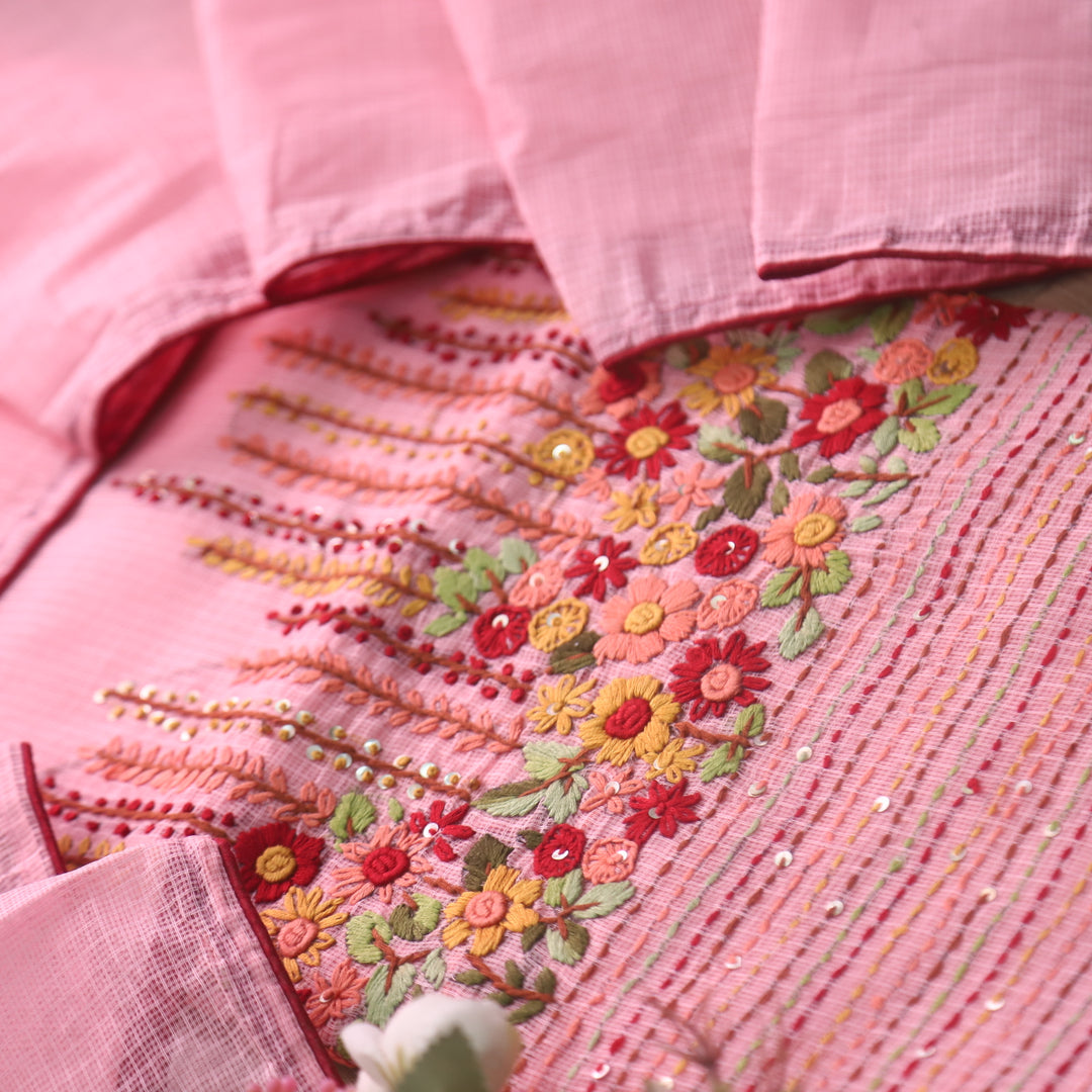 Rasiya Pastel Peach Thread Embriodered Hem Work Kota Doriya Suit Set