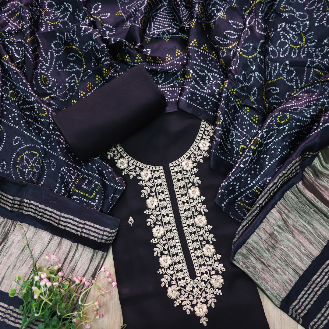 Ishaani Raven Black Zari Embroidery Neck Work Dola Silk Suit Set
