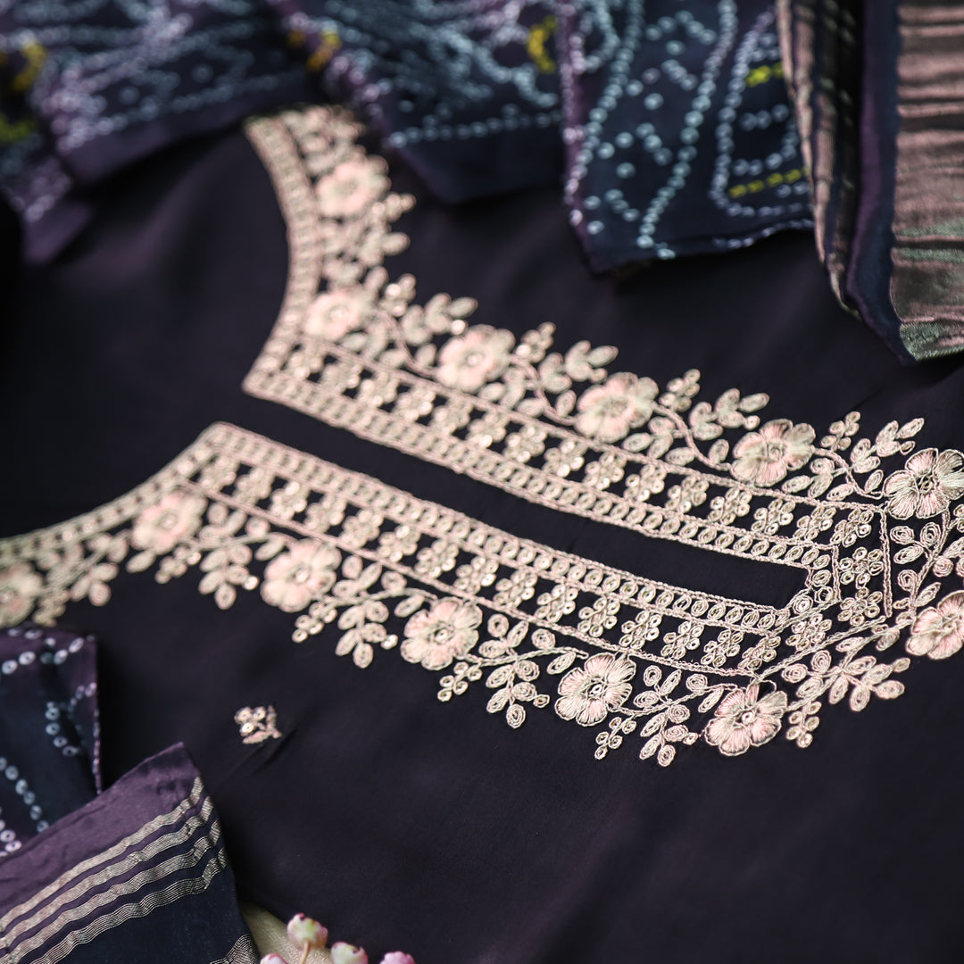 Ishaani Raven Black Zari Embroidery Neck Work Dola Silk Suit Set