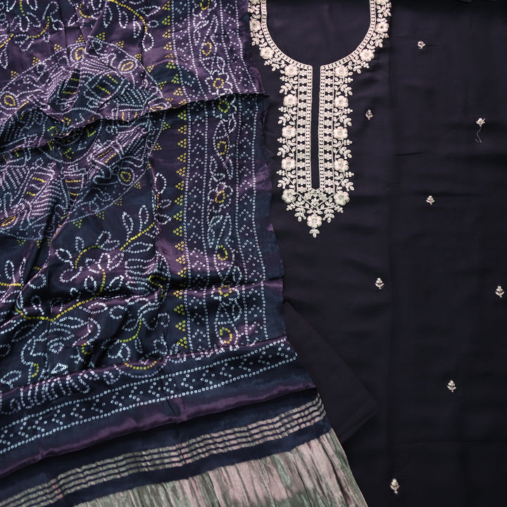 Ishaani Raven Black Zari Embroidery Neck Work Dola Silk Suit Set