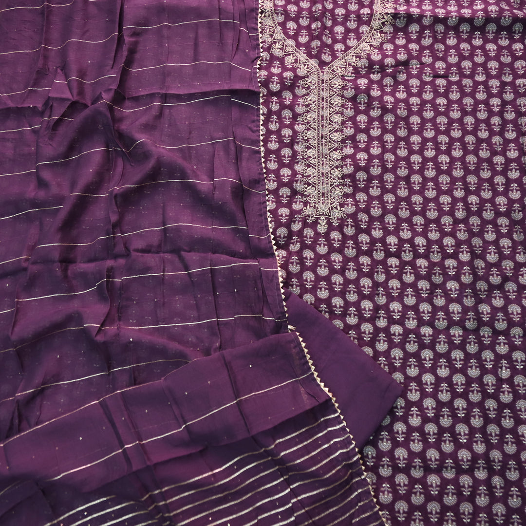 Ishaani Eggplant Purple Embellish Zari Neck Work Printed  Modal Suit Set