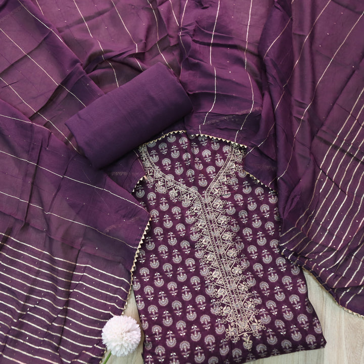 Ishaani Eggplant Purple Embellish Zari Neck Work Printed  Modal Suit Set