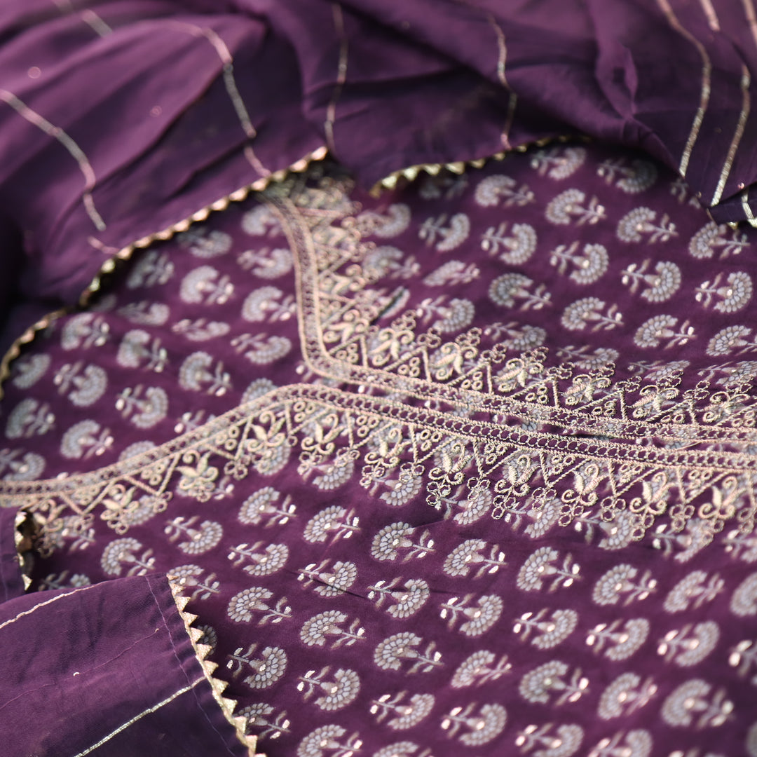Ishaani Eggplant Purple Embellish Zari Neck Work Printed  Modal Suit Set