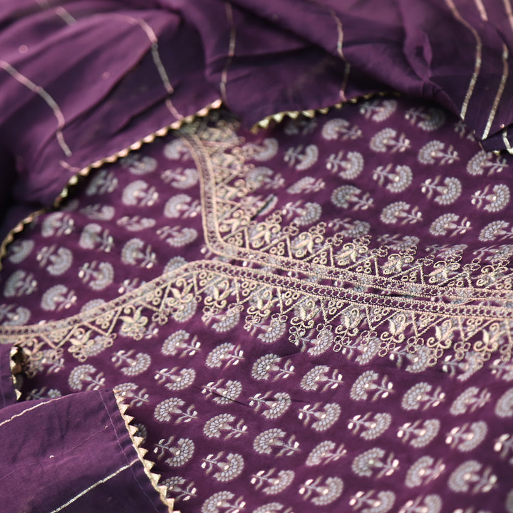 Ishaani Eggplant Purple Embellish Zari Neck Work Printed  Modal Suit Set