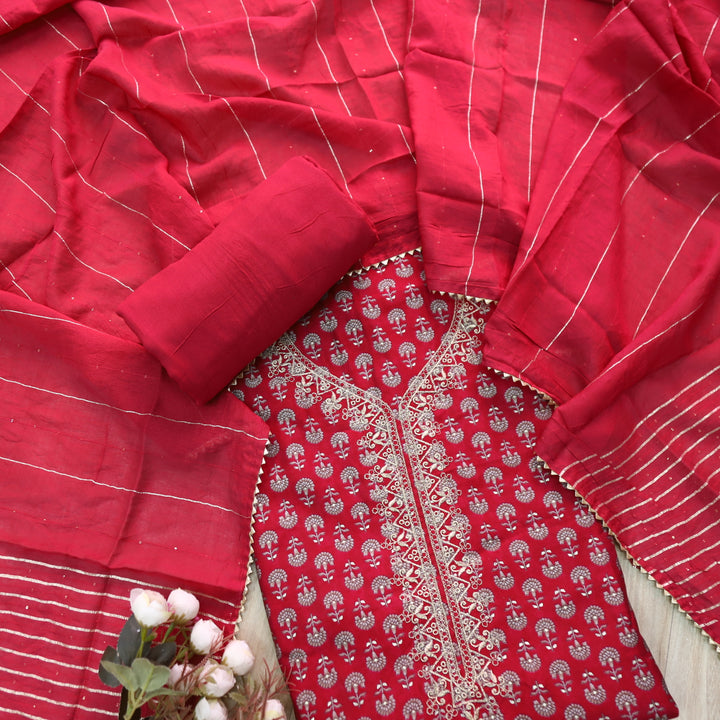 Ishaani Rani Pink Embellish Zari Neck Work Printed  Modal Suit Set