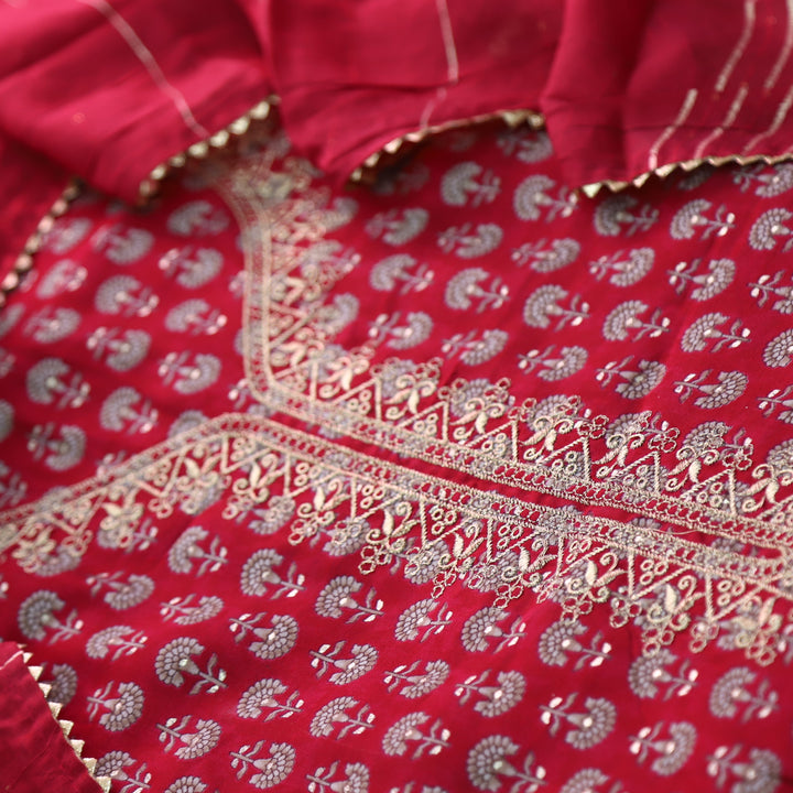 Ishaani Rani Pink Embellish Zari Neck Work Printed  Modal Suit Set