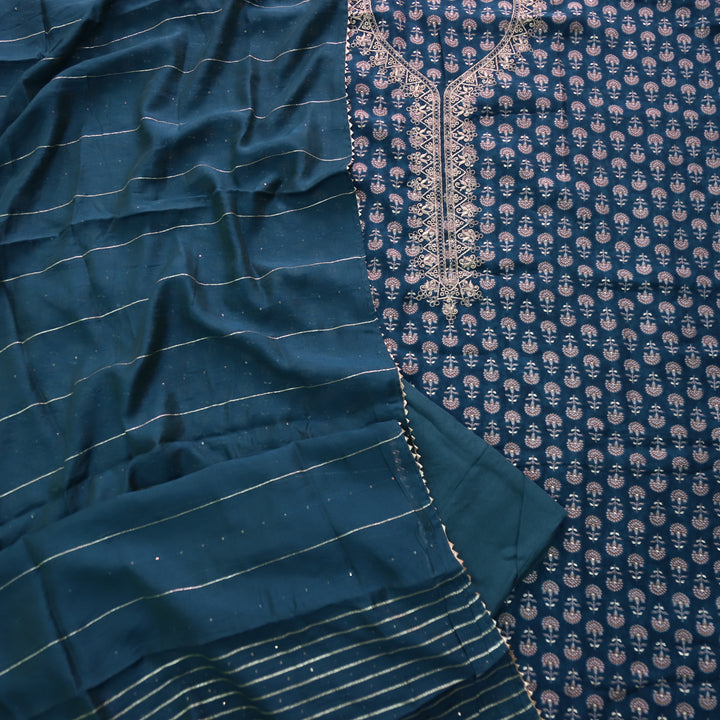 Ishaani Sacramento Blue Embellish Zari Neck Work Printed  Modal Suit Set