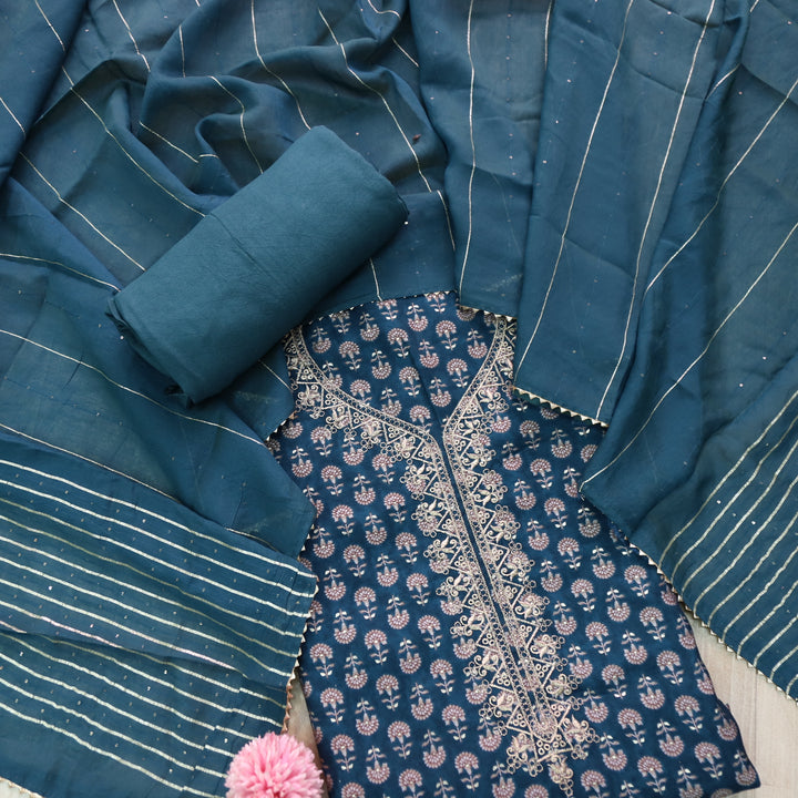 Ishaani Sacramento Blue Embellish Zari Neck Work Printed  Modal Suit Set