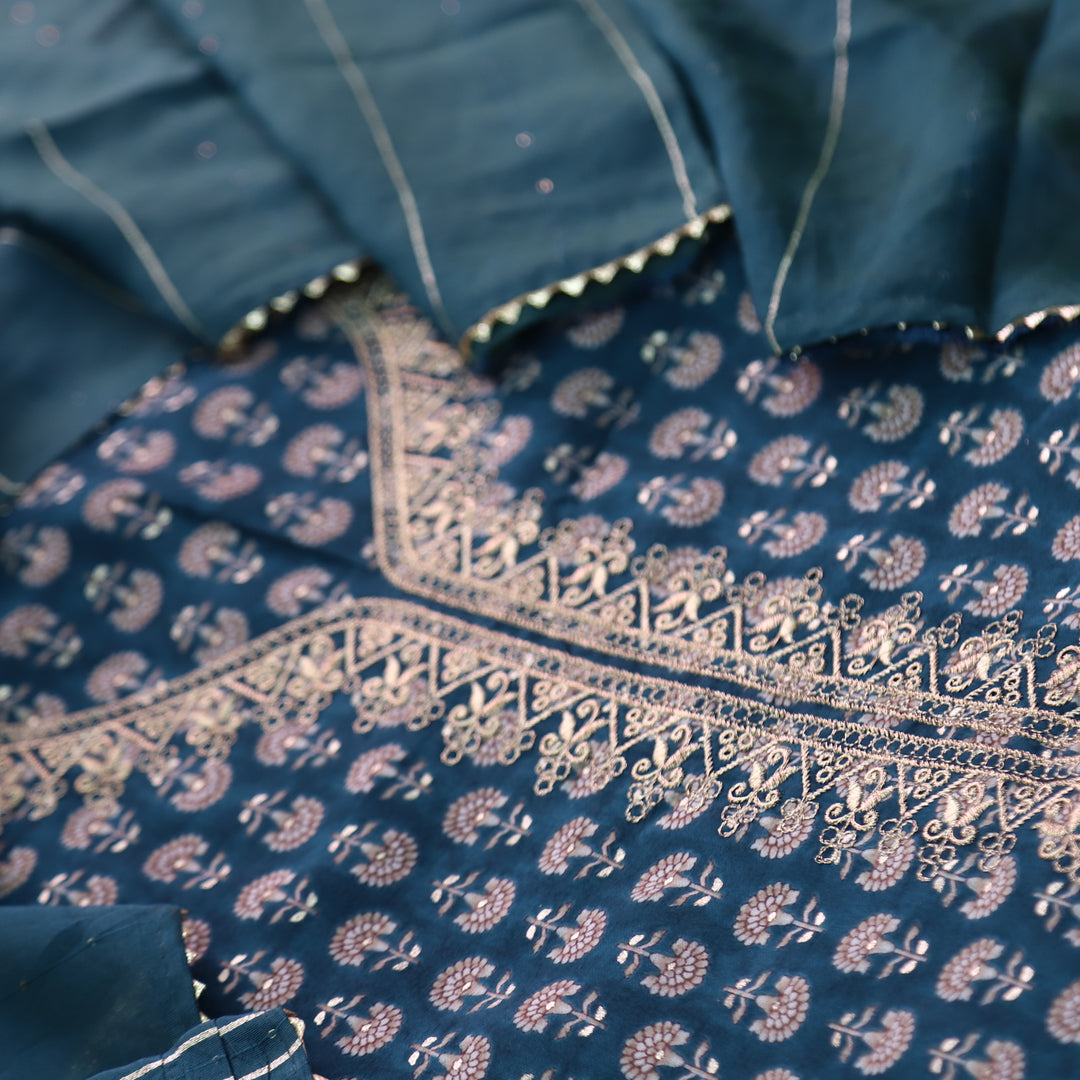 Ishaani Sacramento Blue Embellish Zari Neck Work Printed  Modal Suit Set