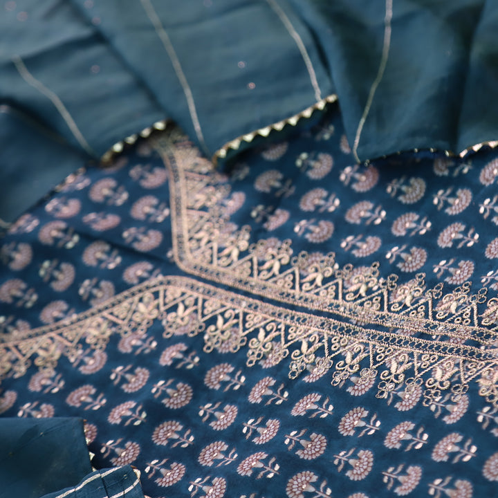 Ishaani Sacramento Blue Embellish Zari Neck Work Printed  Modal Suit Set