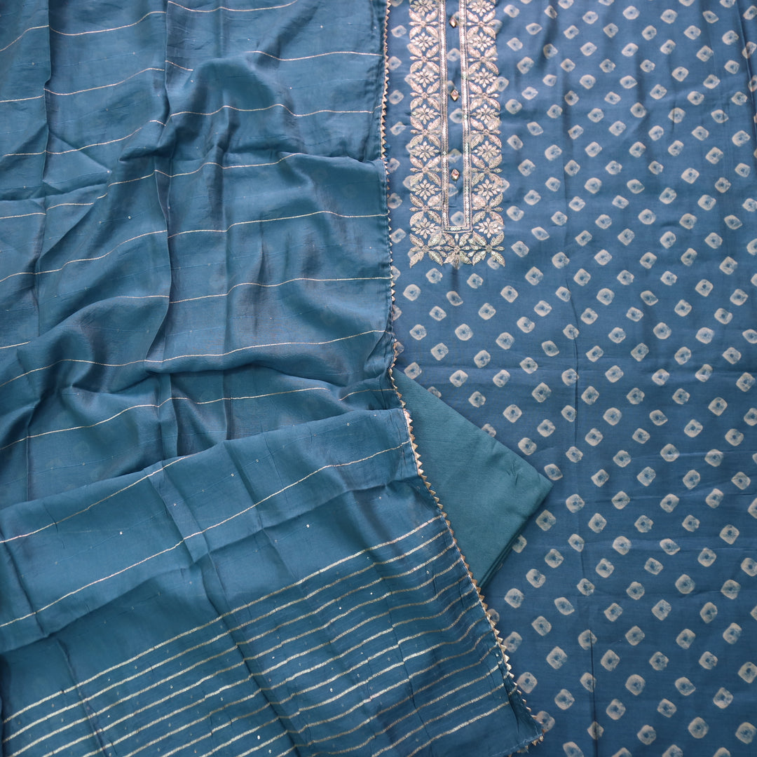 Ishaani Azure Blue Printed Embellish Zari Neck Work Modal Suit Set