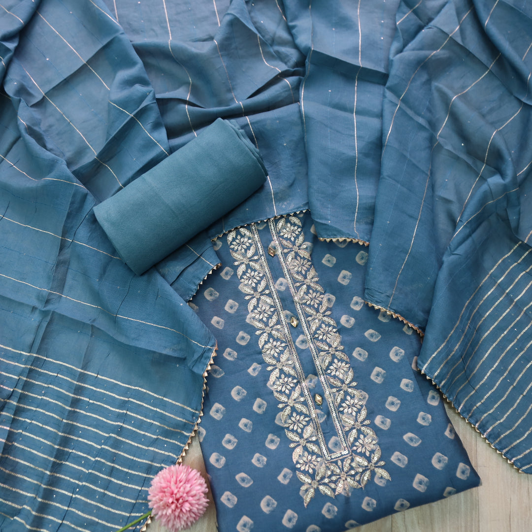 Ishaani Azure Blue Printed Embellish Zari Neck Work Modal Suit Set