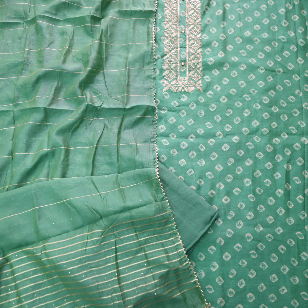 Ishaani Forest Green Printed Embellish Zari Neck Work Modal Suit Set