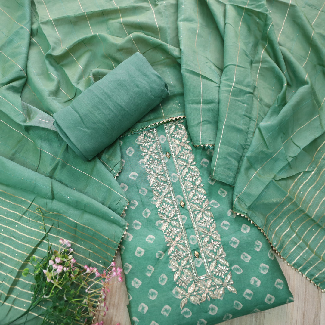 Ishaani Forest Green Printed Embellish Zari Neck Work Modal Suit Set