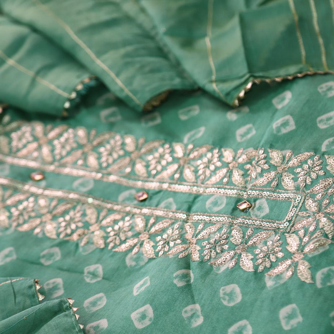 Ishaani Forest Green Printed Embellish Zari Neck Work Modal Suit Set