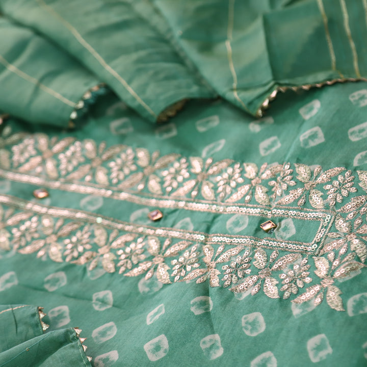 Ishaani Forest Green Printed Embellish Zari Neck Work Modal Suit Set