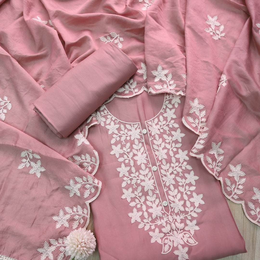 Rivva Mauve Pink Aari Embriodered Neck Work Modal Suit Set