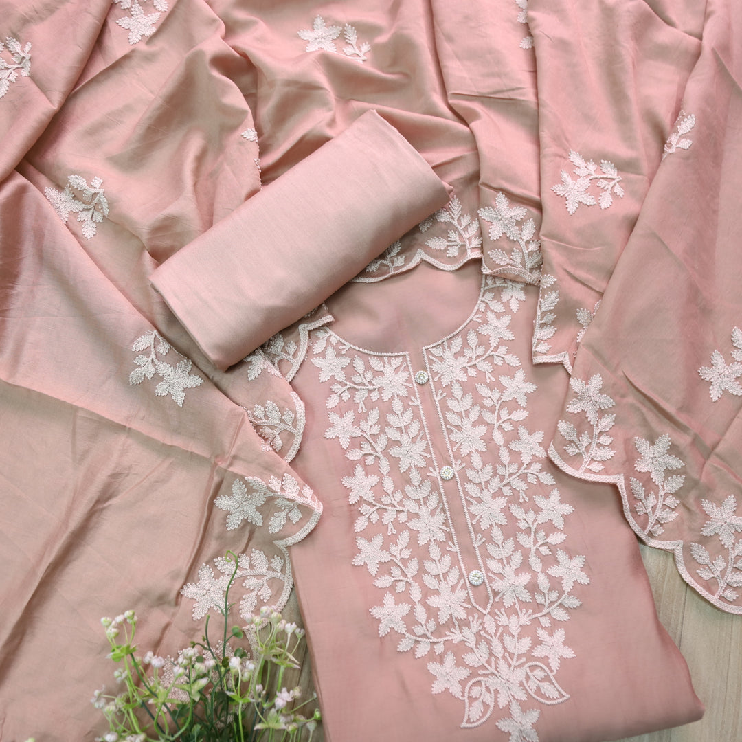 Rivva Skin Beige Aari Embriodered Neck Work Modal Suit Set