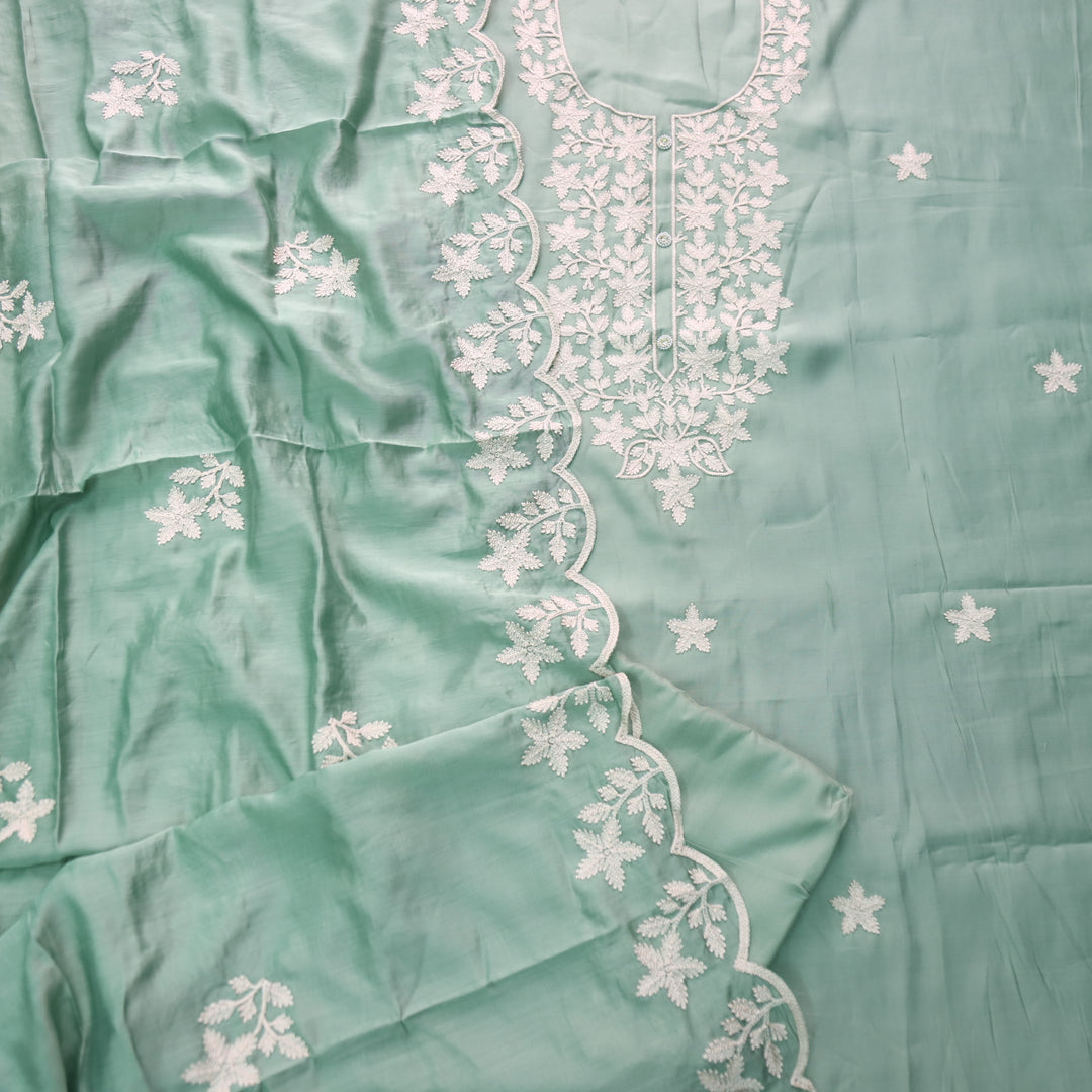 Rivva Sage Green Aari Embriodered Neck Work Modal Suit Set